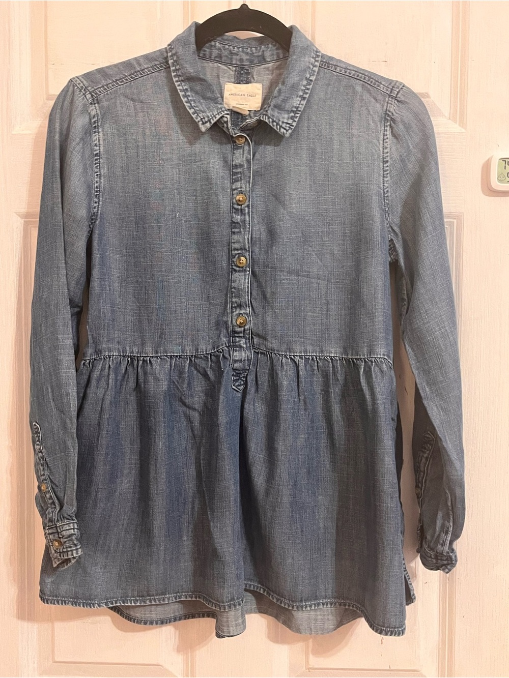 American Eagle Outfitters Light Blue Denim Button-Front Peplum Shirt